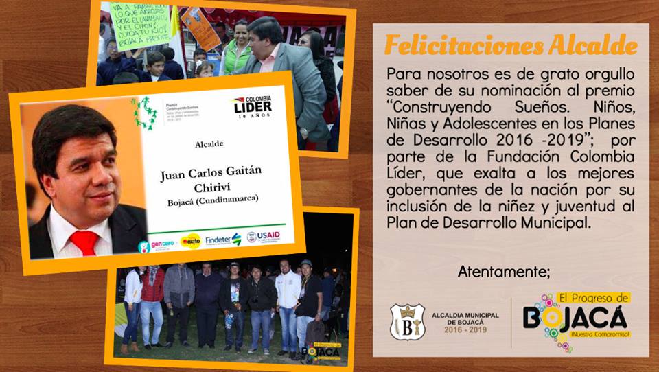 Nominación «construyendo sueños. Niños y Niñas y adolescentes en los planes de desarrollo 2016-2019» al Alcalde de Bojacá