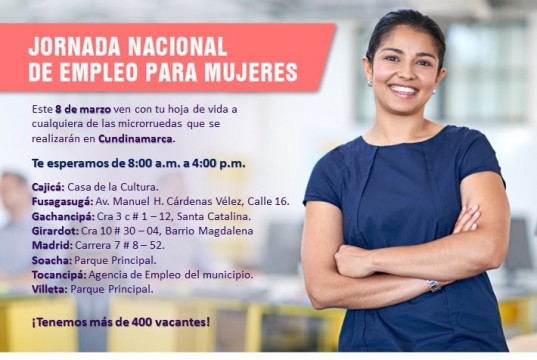 405 vacantes para las cundinamarquesas en el Día Internacional de la Mujer