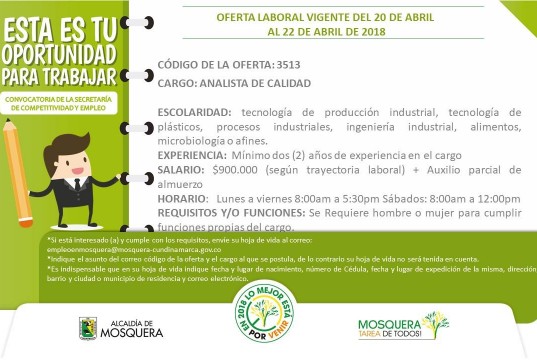 Participa en las diferentes ofertas laborales que te ofrece la alcaldía de Mosquera