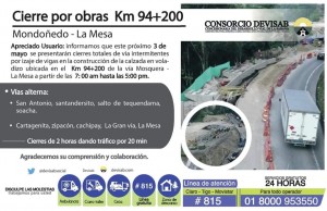 Cierre por obras vía Mosquera – La Mesa