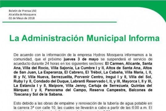 Se suspende el servicio de acueducto en el municipio de Mosquera