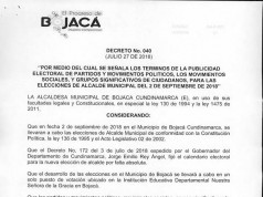 Decreto municipal para la elección de Alcalde Municipal en Bojacá