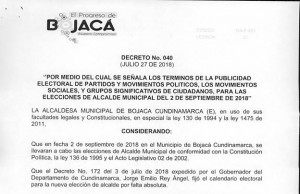 Decreto municipal para la elección de Alcalde Municipal en Bojacá