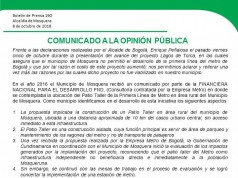 Comunicado a la opinión pública, frente a las declaraciones del Alcalde, Enrique Peñalosa