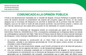 Comunicado a la opinión pública, frente a las declaraciones del Alcalde, Enrique Peñalosa