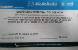 Suspensión temporal del servicio de agua en Funza, Mosquera y Madrid