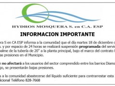 Corte en el servicio de agua en el municipio de Mosquera