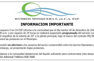 Corte en el servicio de agua en el municipio de Mosquera