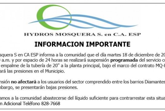 Corte en el servicio de agua en el municipio de Mosquera