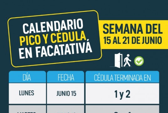 Calendario de pico y cédula en Facatativá para este periodo de cuarentena en la semana del 15 al 21 de junio